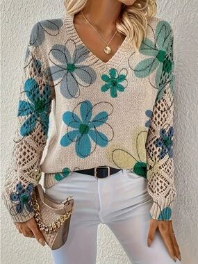 Artsy Floral Knit Sweater Blue Green Abstract Boho Lightweight V-Neck - Size XXL